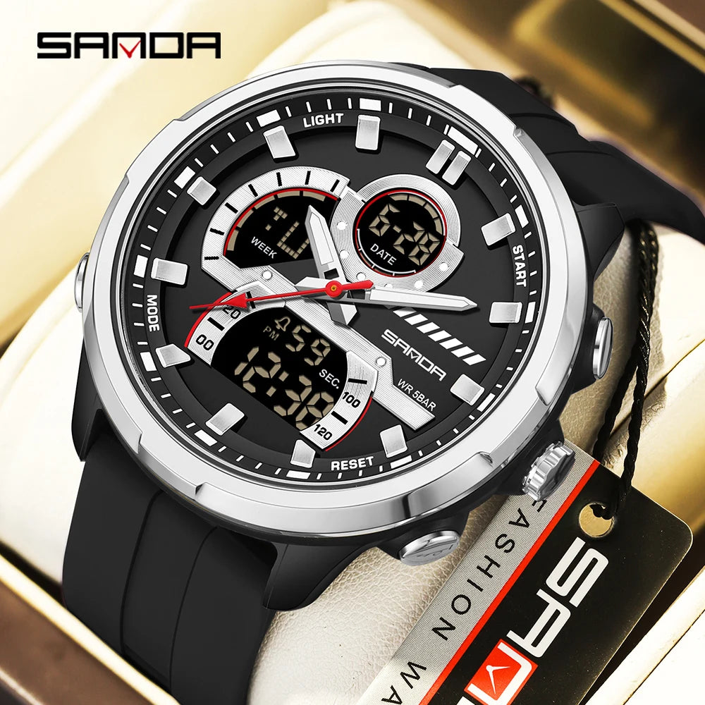 Reloj electrónico de cuarzo SNADA para hombre con pantalla Dual deportivo multifuncional LED resistente al agua reloj electrónico de cuarzo para hombre 9077