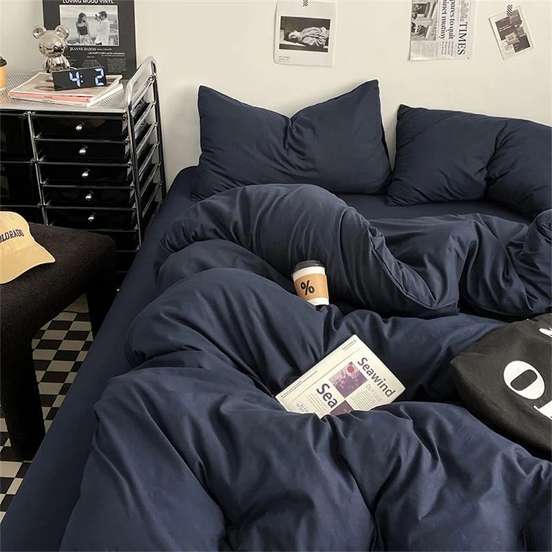 Juego de Ropa de Cama 100% Algodón, Juego de Sábanas de Algodón Lavado de Cuatro Piezas, Juego de Edredón, Funda de Edredón Doble para Parejas