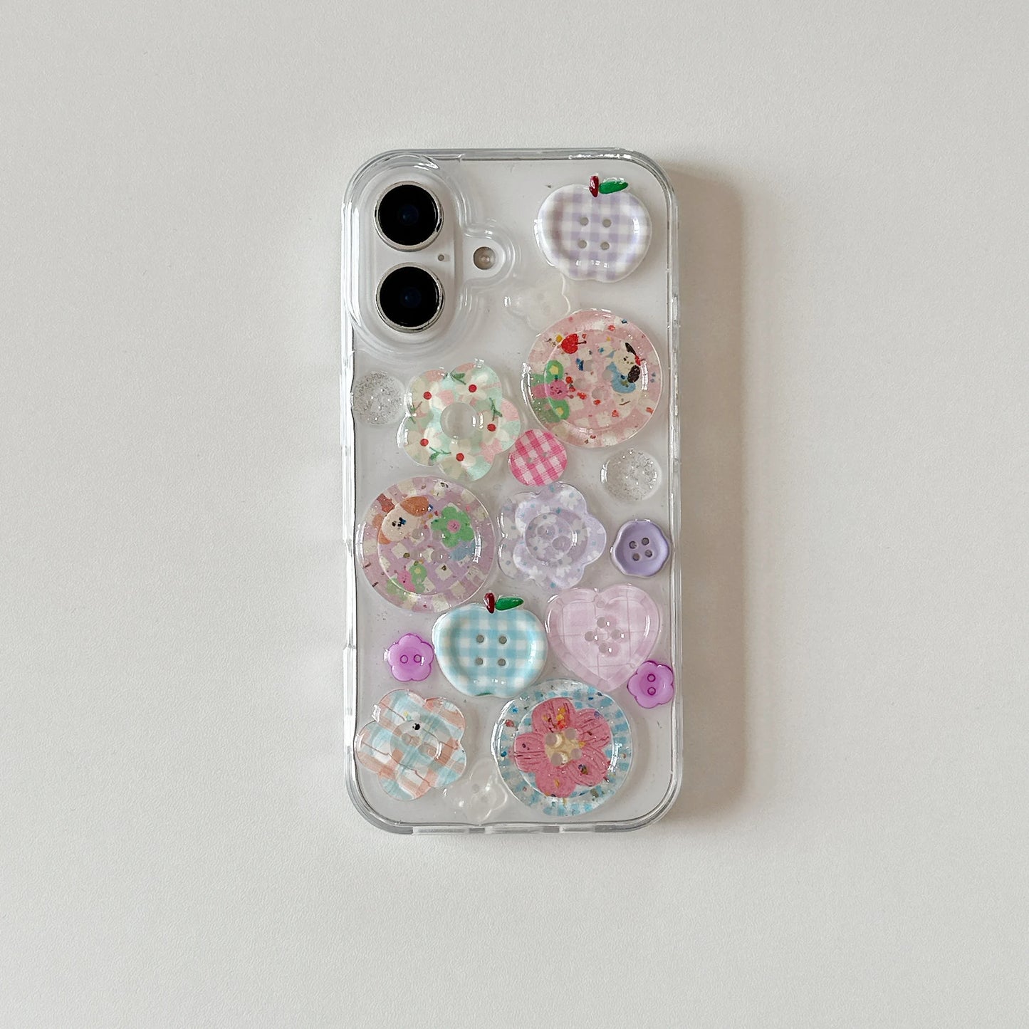 Adorable transparente decorado con botones estampados funda de teléfono de aspecto divertido para iPhone 16 15 14 13 Pro Max contraportada Capa