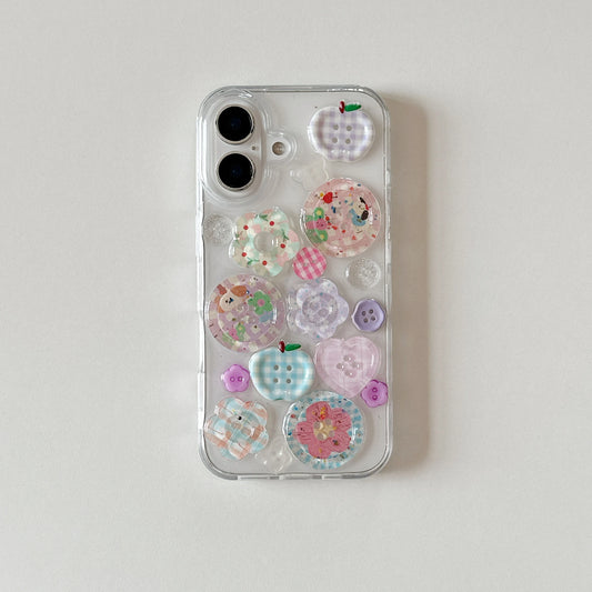Adorable transparente decorado con botones estampados funda de teléfono de aspecto divertido para iPhone 16 15 14 13 Pro Max contraportada Capa