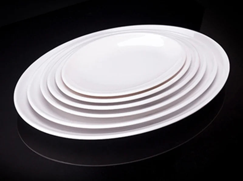 Platos ovalados de melamina blanca de 9-14 pulgadas, juego de cena, plato de porcelana de imitación, bandejas planas para carne, servicio de mesa de cocina y Hotel duradero