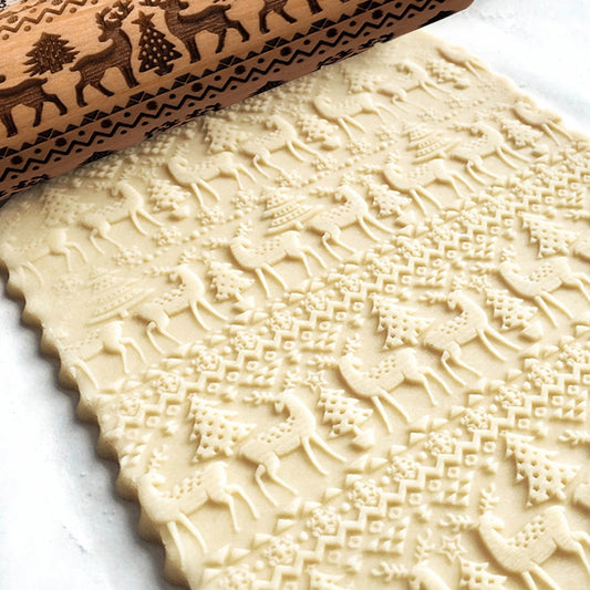 Rodillo navideño con patrones de flores de reno, molde para galletas 3D en relieve de madera grabado con láser, herramientas para hornear DIY, rodillo de masa