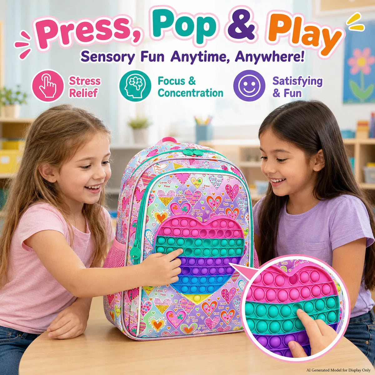 Juego de 3 Piezas de Mochila Pop It Fidget para Niñas con Lonchera, Estuche para Lápices y Llavero con Pompones, Regalo de Útiles Escolares para Niños