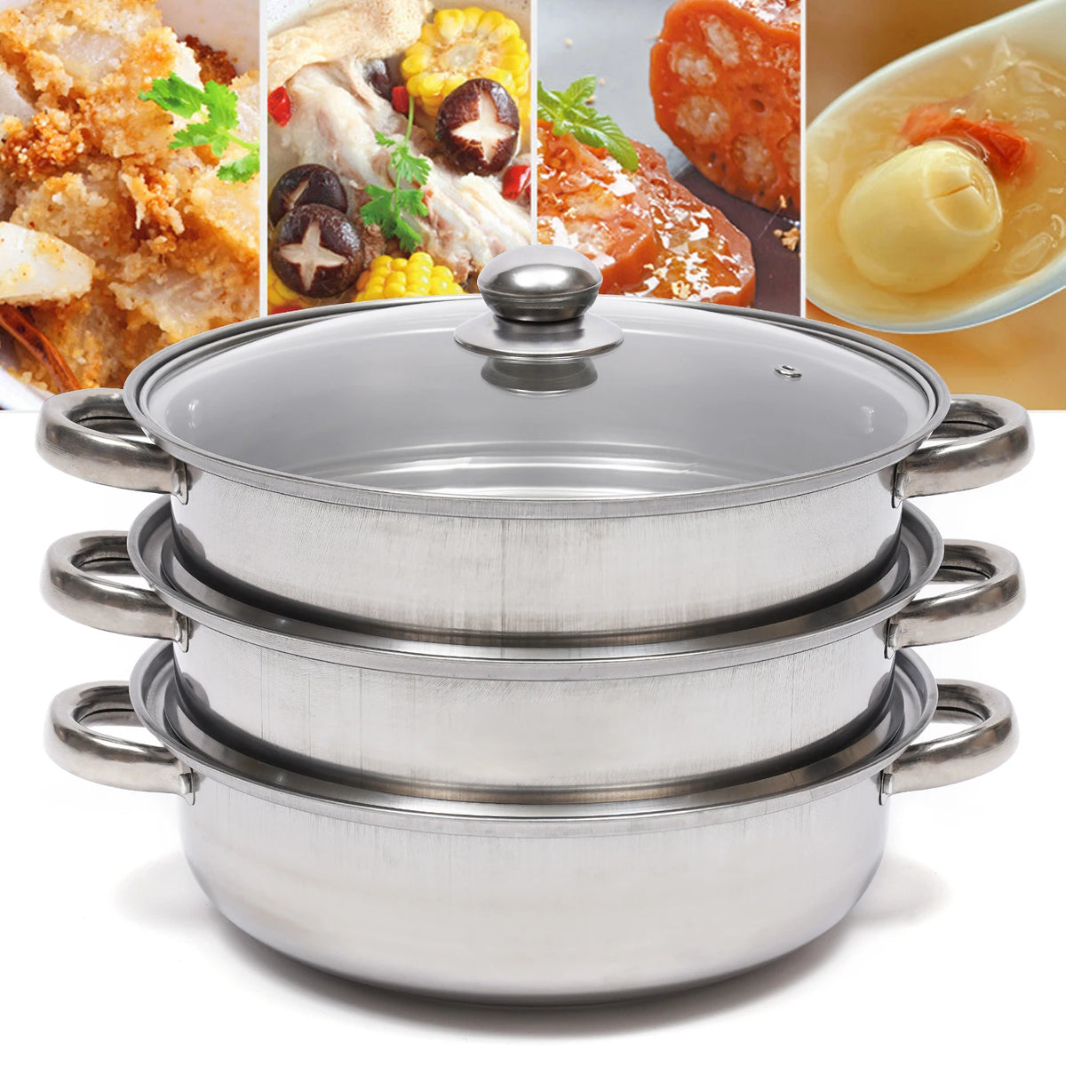 Olla de vapor de acero inoxidable grande para cocinar alimentos y verduras, multifunción, de 3 niveles, 28CM