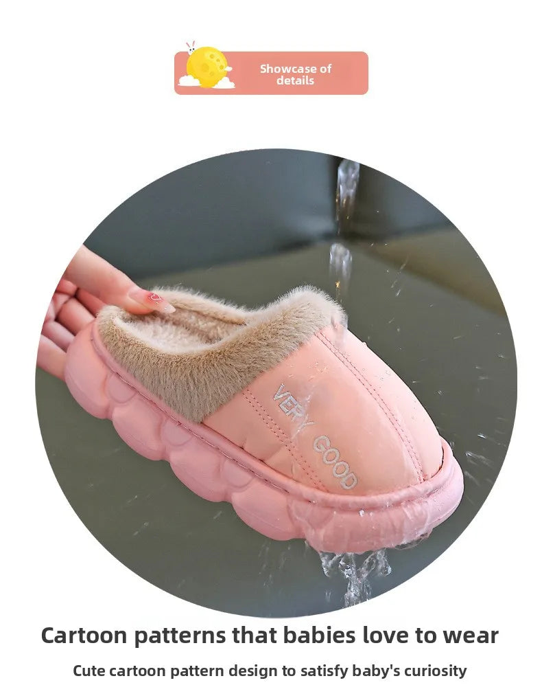 Zapatillas antideslizantes impermeables para niños, zapatos de casa de felpa cálidos para invierno para niños y niñas, uso doméstico en interiores y exteriores