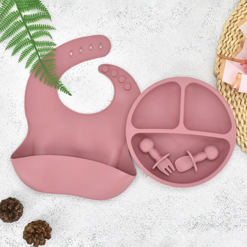 4 unids/set plato de comedor de silicona seguro para bebé, platos sólidos de dibujos animados para niños, juego de vajilla para bebé con cara sonriente, plato Retro para niños