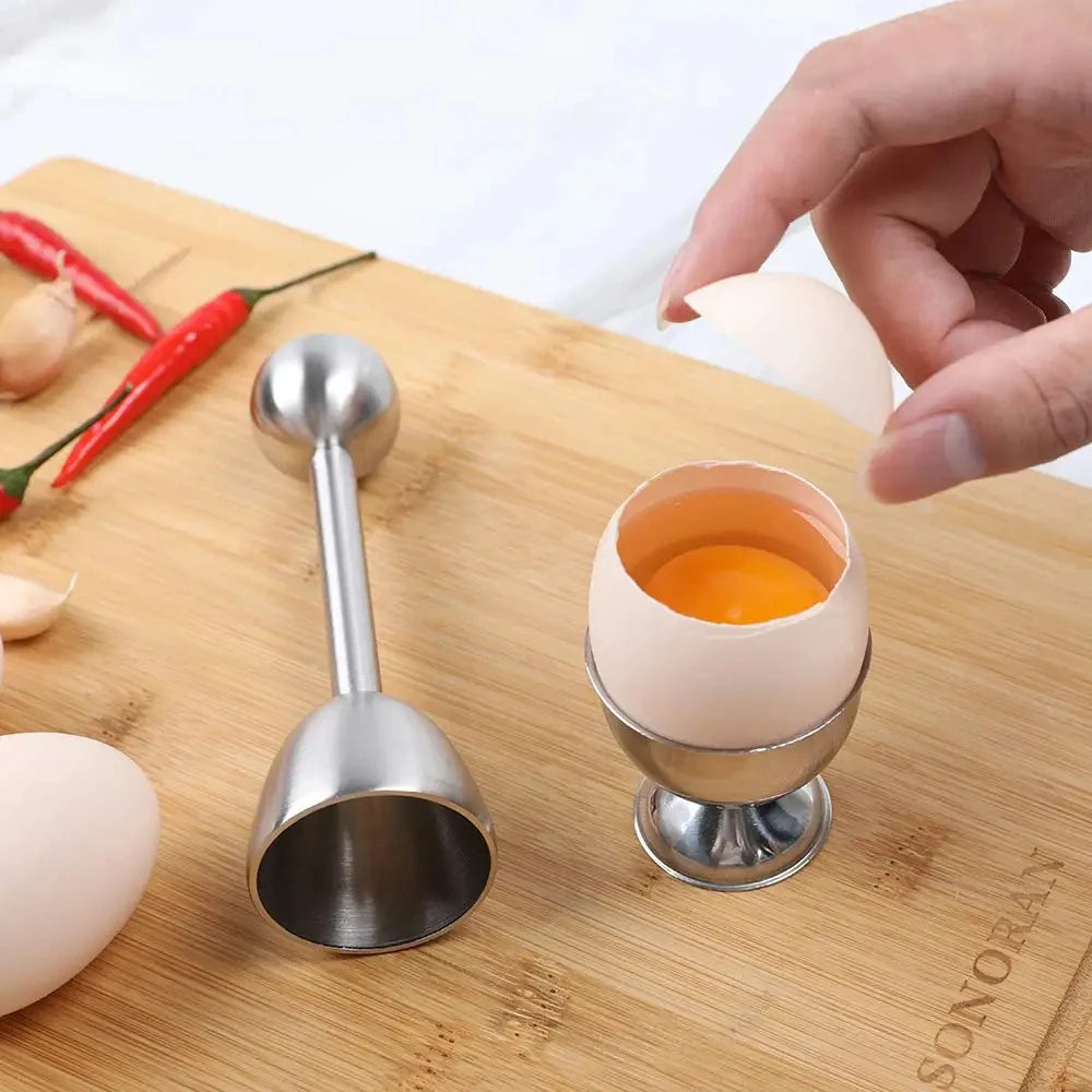 Abridor de huevos creativo, abridor de cáscara de huevo con bandeja para huevos y cucharas, herramienta de desayuno con apertura de acero inoxidable, accesorios de cocina