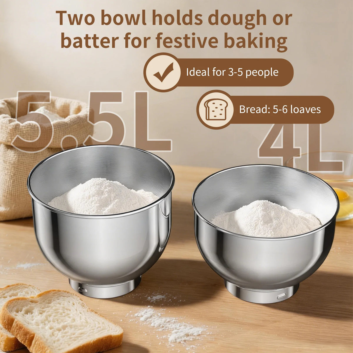 Batidora de Pedestal BioloMix de Doble Tazón y 8 Velocidades – Tazones Intercambiables de 5.5L y 4L, Batidor de Varillas, Gancho Amasador y Batidor Plano