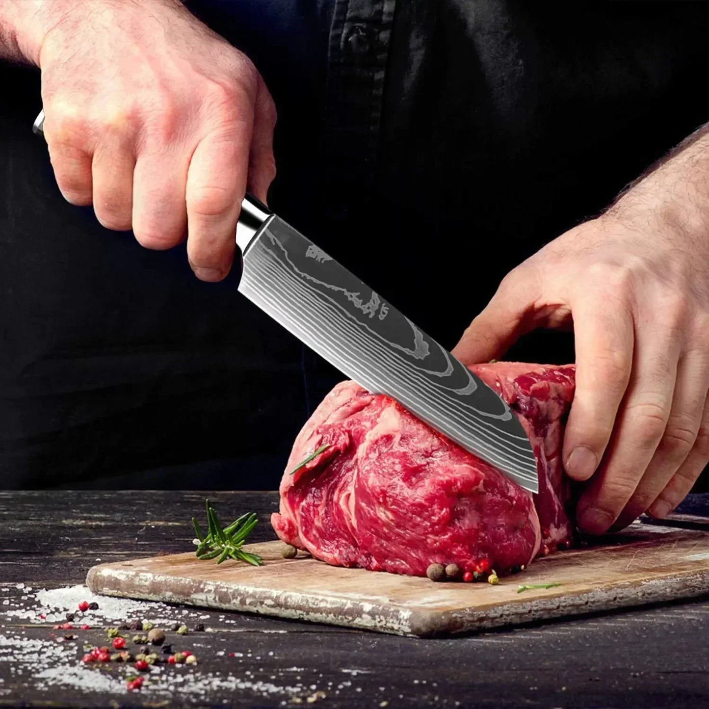 Juego de cuchillos de cocina con láser Damasco Santoku, cuchillo de utilidad, cuchillo de Chef profesional, cuchillo de carnicero, accesorios de cocina, 3 uds.