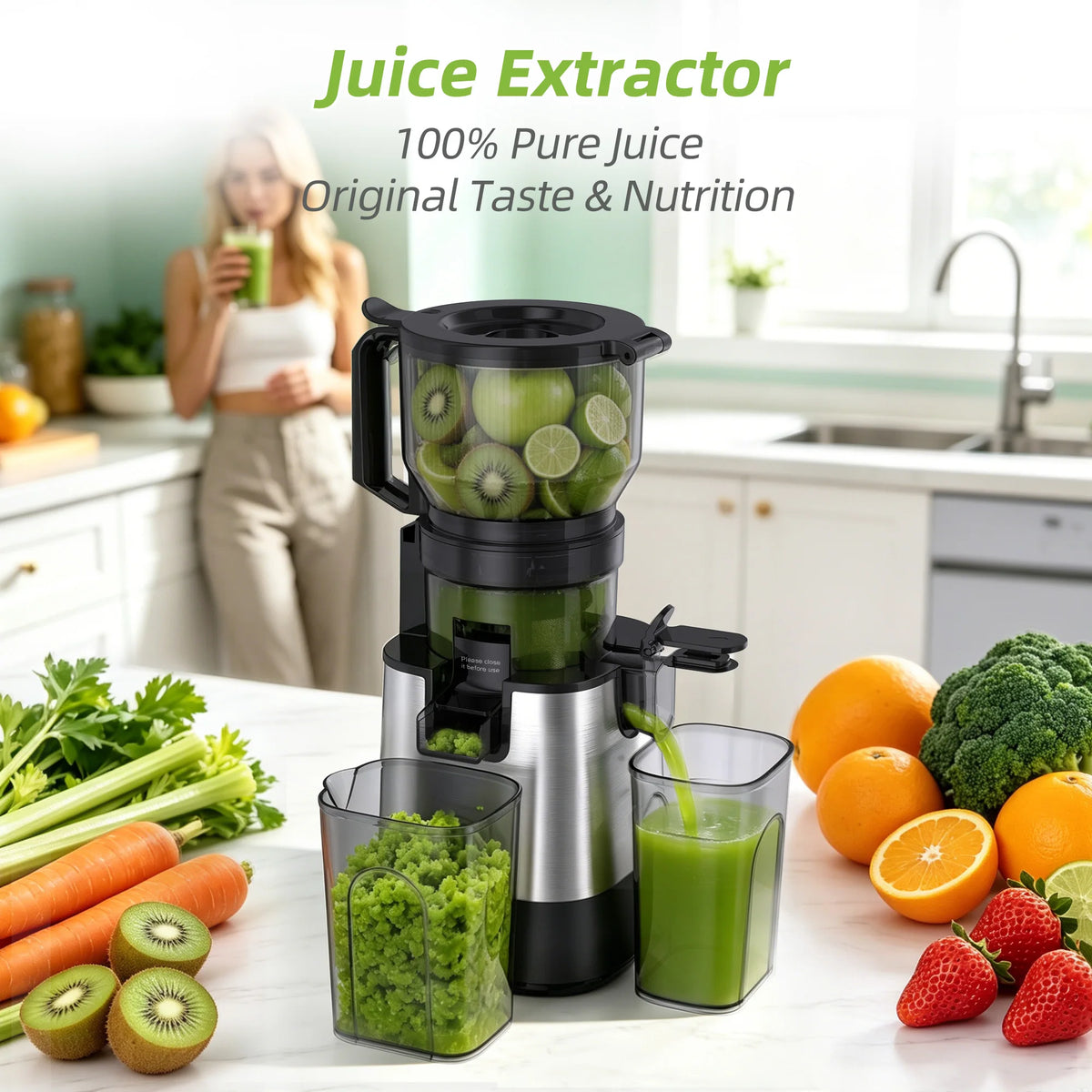 Extractor de Jugos Eléctrico Multifunción 3 en 1 BioloMix – Toma de Alimentación Ancha de 150 mm, Motor de 300 W con Pantalla Digital para Jugos Ricos en Nutrientes