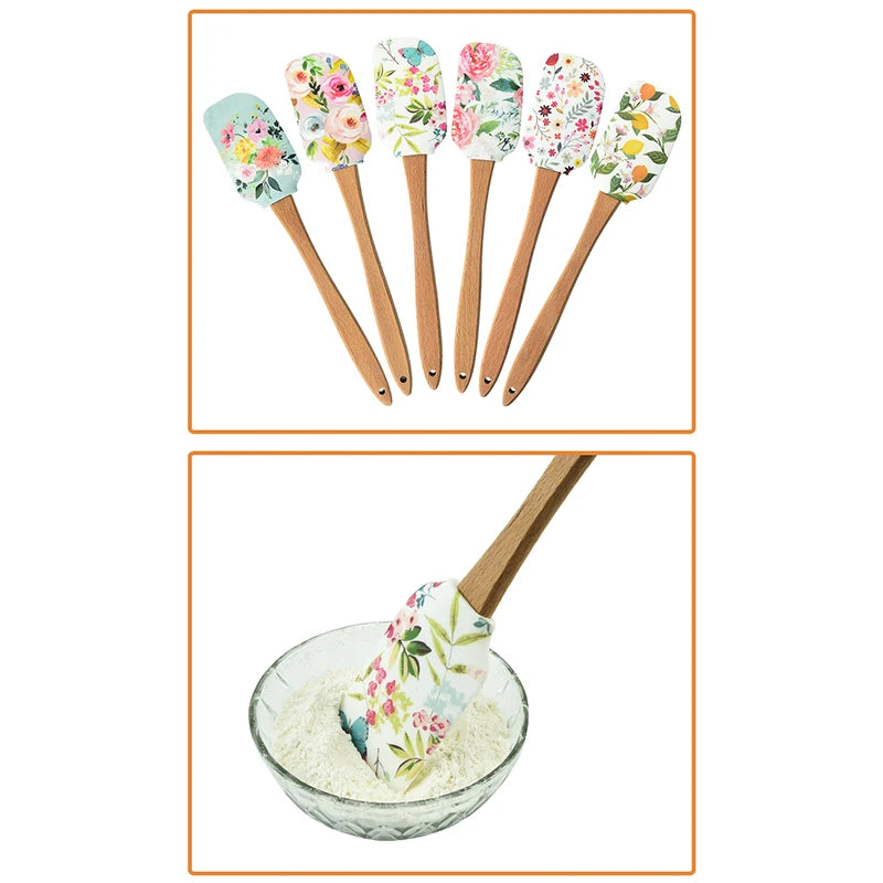 Utensilios de cocina de silicona antiadherentes con mango de madera, espátula, cuchara, juegos de cepillos, herramientas de cocina para hornear coloridas, 30,5 cm
