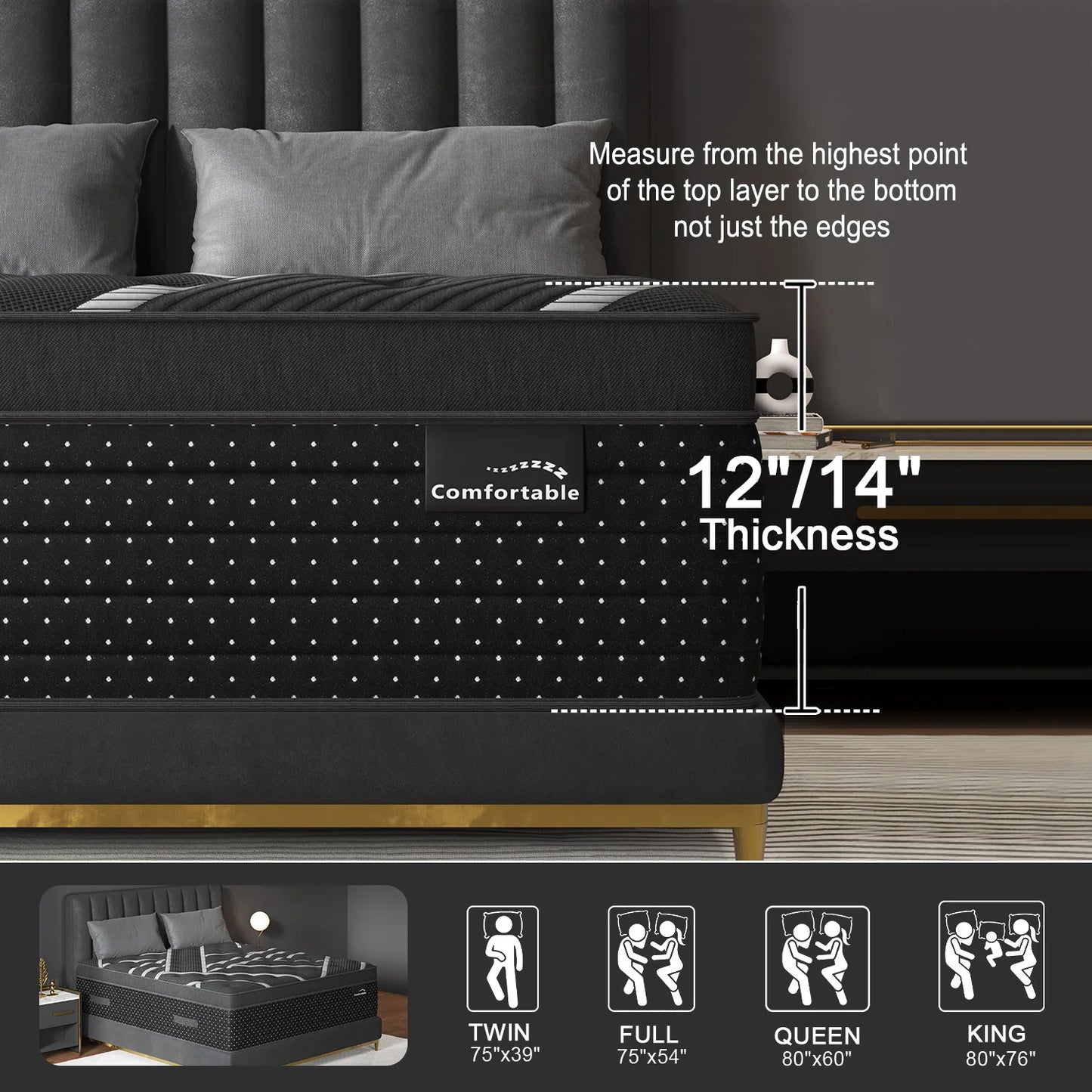 12/14in Hybrid Gel Memory Foam Mattress with Pocket Spring, Medium Firm, Motion Isolation Mattress in a Box