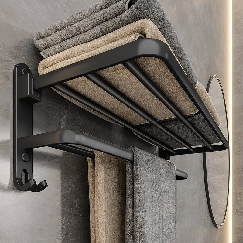 Soporte plegable negro mate de 50cm con gancho, soporte para toallas de pared, soporte para toallas de aluminio