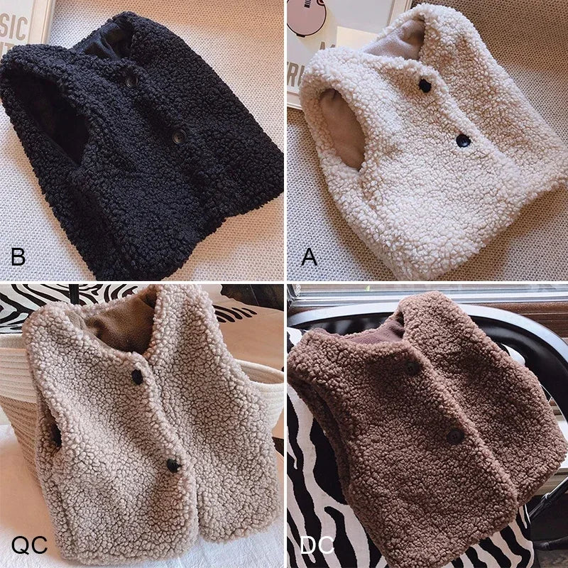Otoño Invierno bebé lana de cordero más chaleco de terciopelo niñas niños chaleco de felpa de un solo pecho cuello en V niño cálido moda abrigo cálido