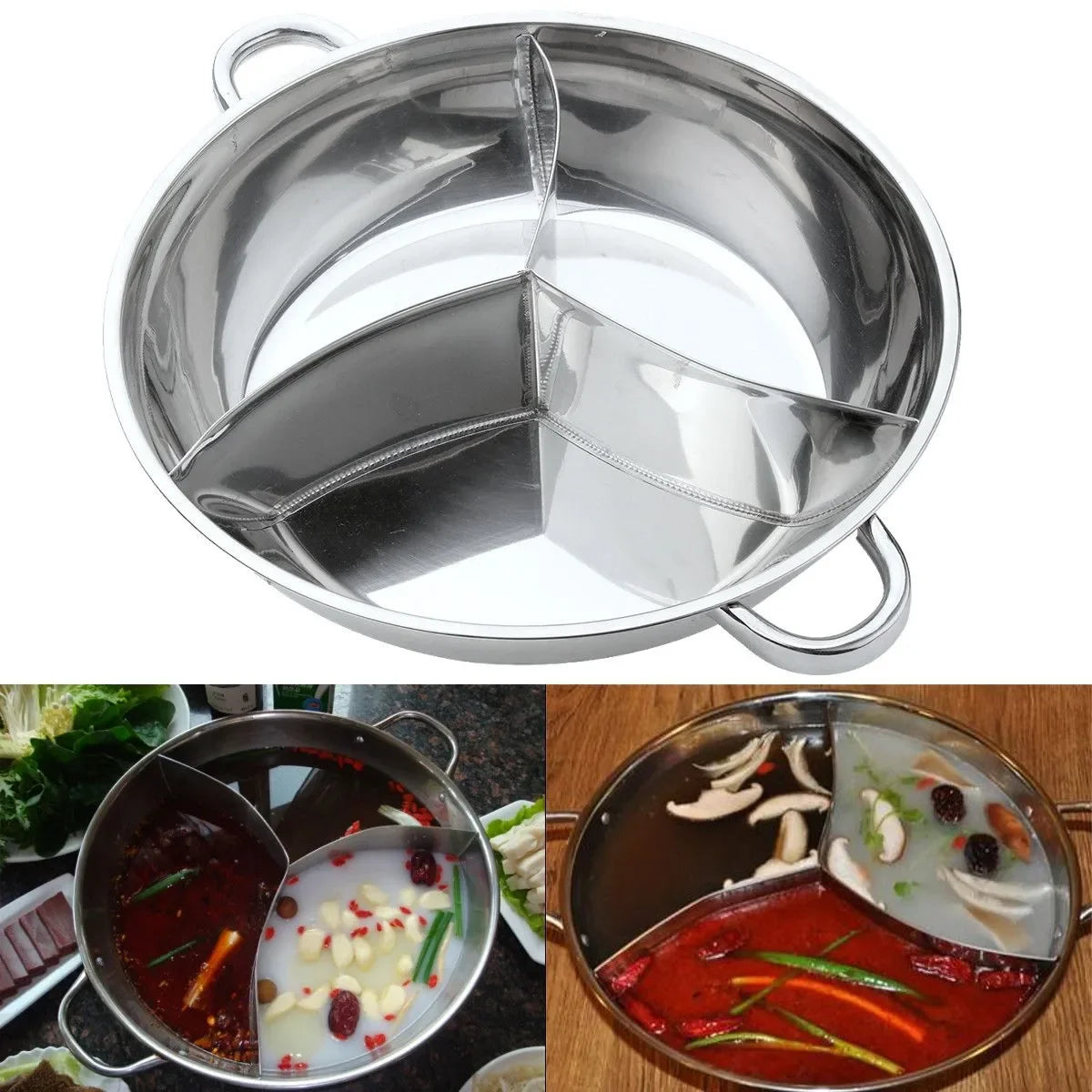 Olla caliente de acero inoxidable de 34cm, tres utensilios de cocina divididos, olla de inducción para ovejas pequeñas, olla caliente con rayas, Compatible con cocina, fiesta de invierno