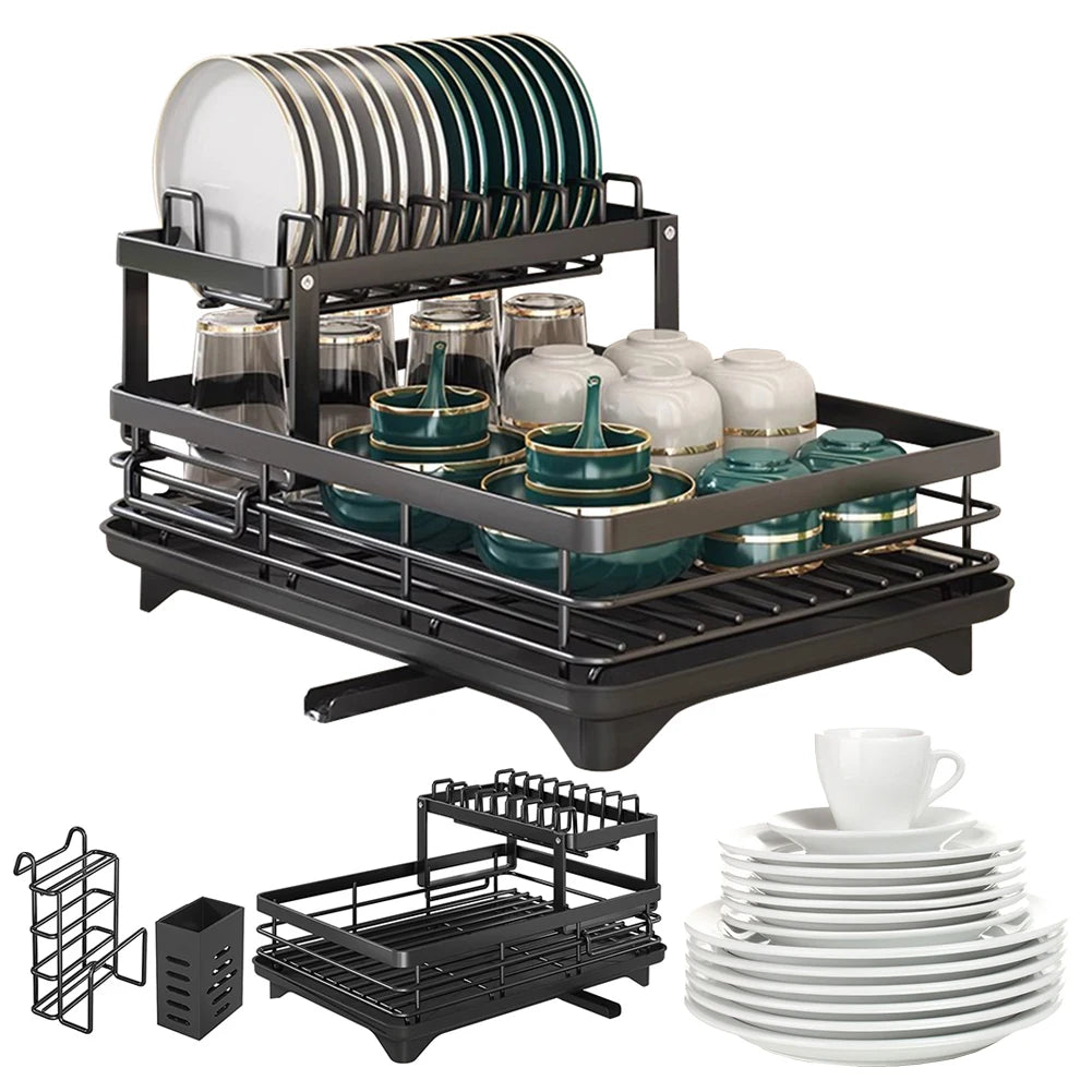 Escurridor de platos ajustable, estante de secado de platos, organizador de platos de cocina con escurridor sobre el fregadero, encimera, soporte de almacenamiento de cubiertos