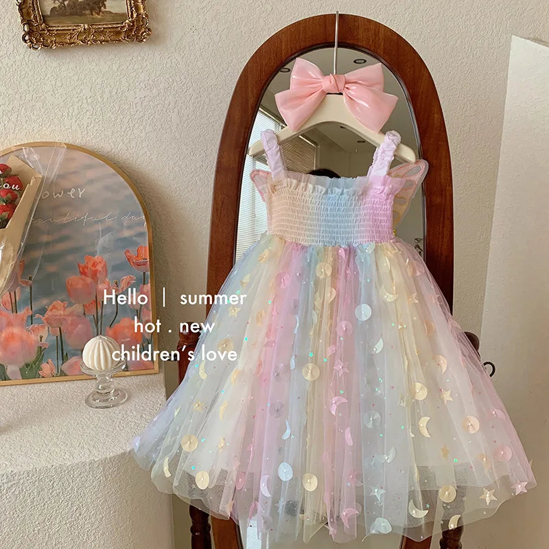 Camiseta sin mangas para niña, vestido de princesa para bebé, elfo de ensueño, mariposa arcoíris, novedad de verano