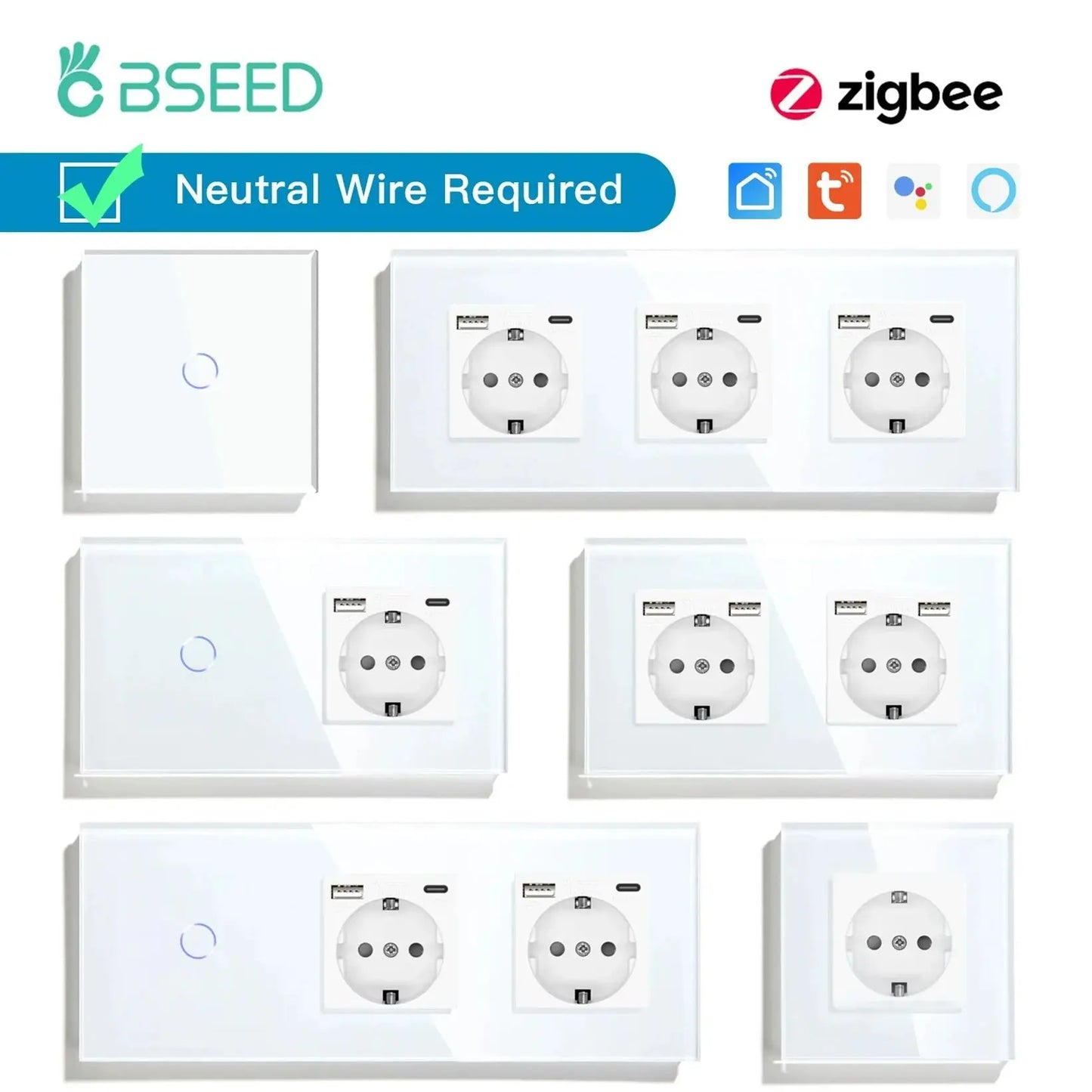 Interruptores BSEED Zigbee, interruptor de luz inteligente de 1/2/3 entradas, enchufes de pared normales de la UE, interruptores táctiles multicontrol, aplicación Tuya Smart Life Alexa