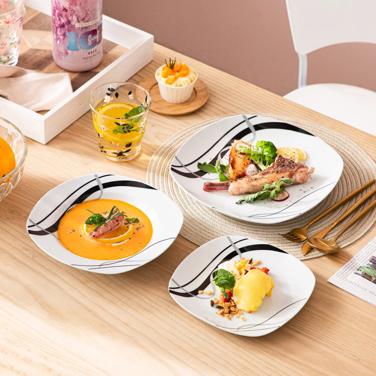 VEWEET FIONA-vajilla de cerámica de línea negra, juego de platos de cocina con plato de cena, postre, plato de sopa, 18/36 piezas