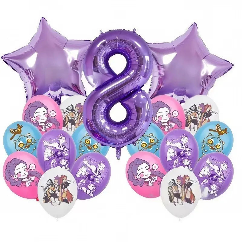 Set de Globos de Aluminio K-Pop para Grupo de Chicas, Números del 1 al 9 y Globos de Estrellas Púrpuras, Adornos para Pastel para Fiestas de Cumpleaños y Accesorios para Fotos