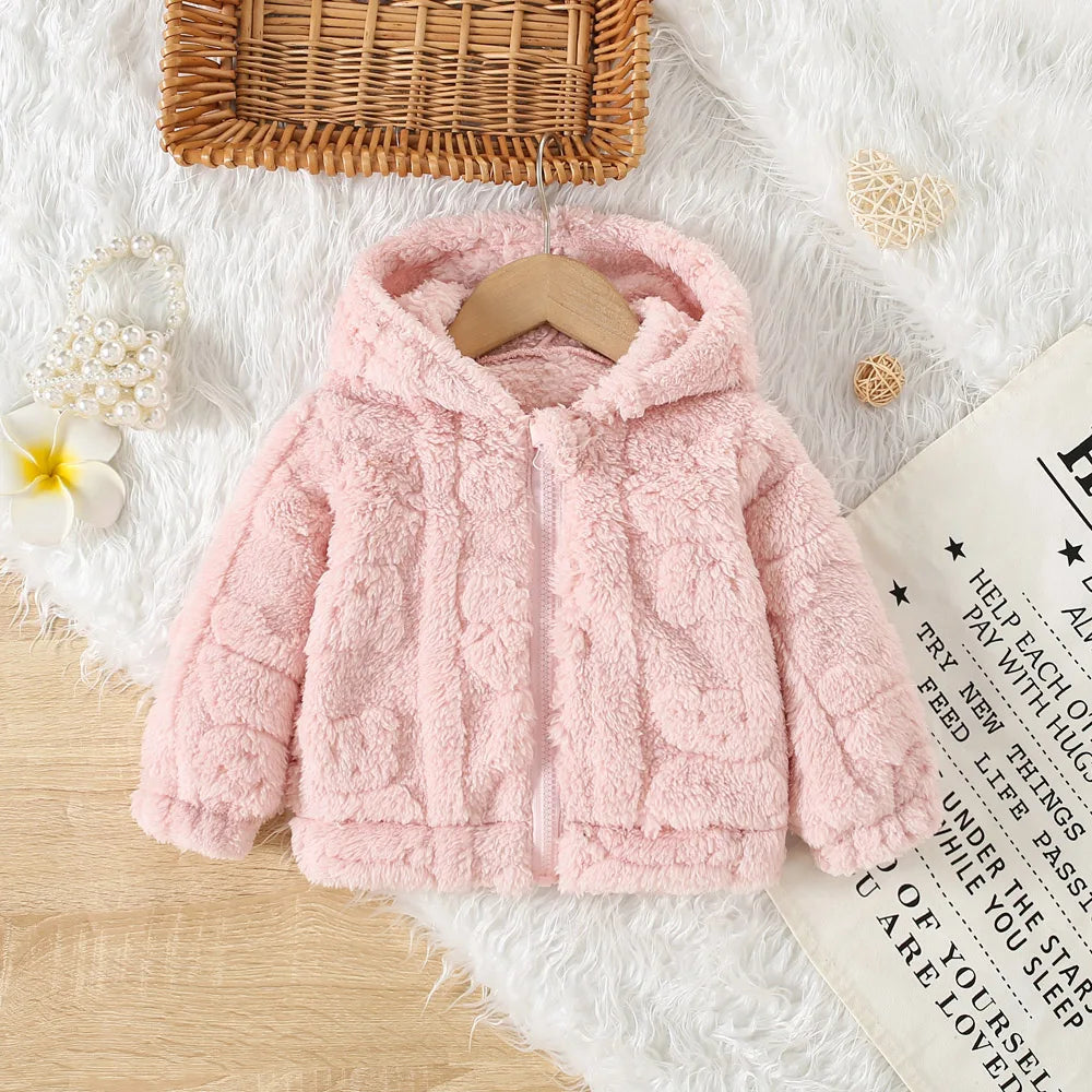 Chaqueta de lana rosa de princesa para niña con patrón de amor, abrigo cálido para niño pequeño, prendas de vestir con capucha, ropa de invierno para bebé