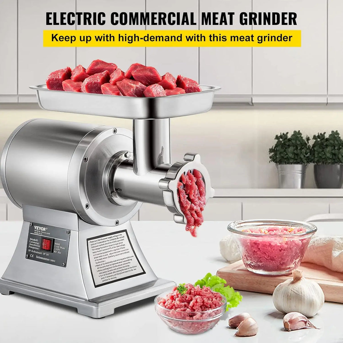 Picadora de Carne Eléctrica Comercial de 1100W, 550LB/H, Máquina Picadora Industrial de Alta Resistencia, Aprobada por ETL