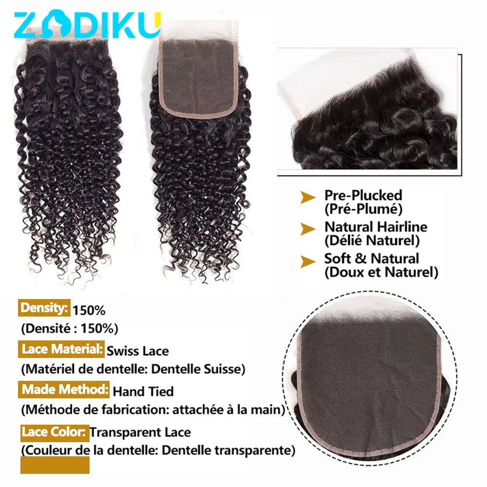 Mechones de pelo rizado, 100% mechones de cabello humano sin procesar con cierre 4X4, mechones de pelo rizado birmano, cabello humano con cierre
