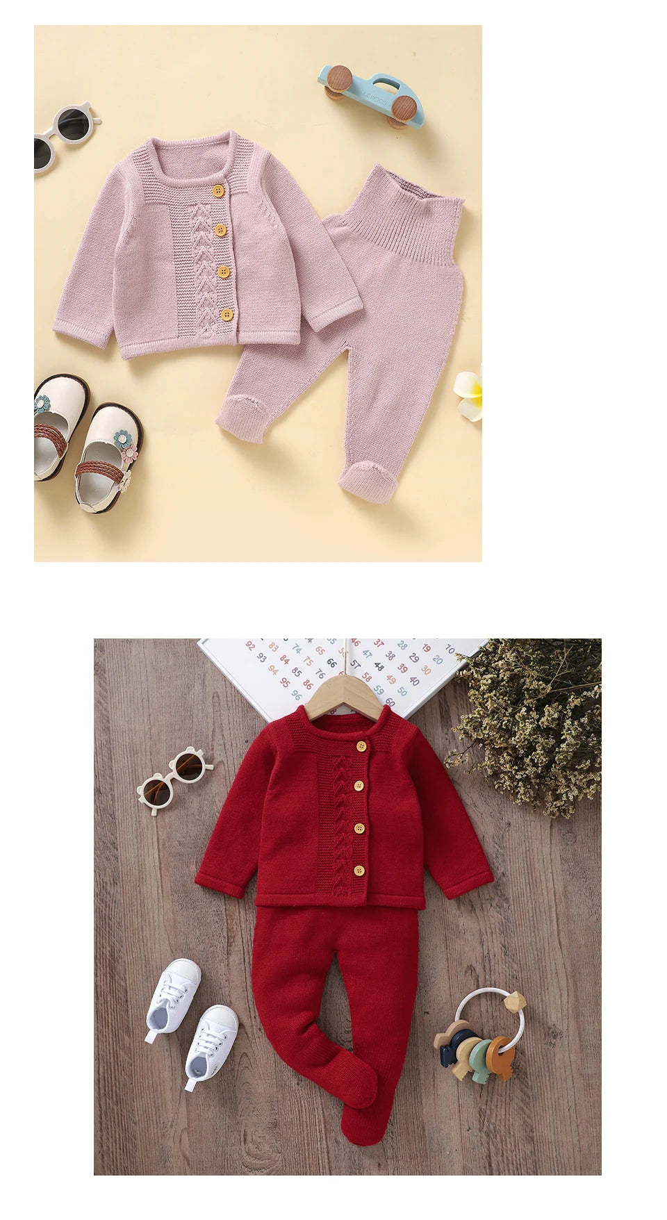 Conjuntos de ropa para niñas pequeñas, suéteres lisos de manga larga, cárdigans y pantalones, trajes tejidos para recién nacidos de 0 a 9m, chándales de 2 uds.