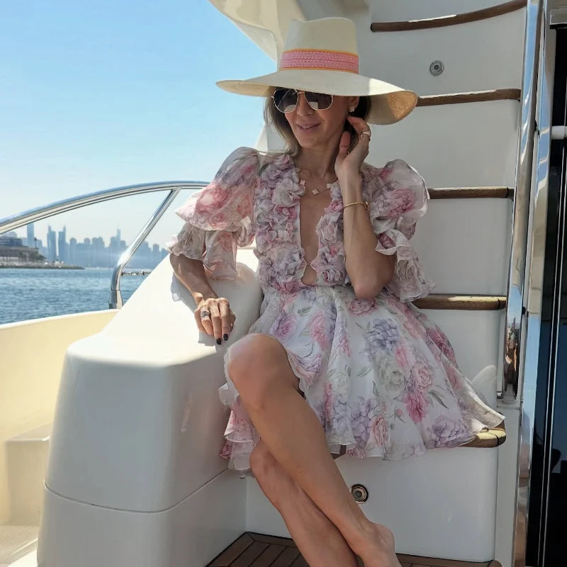 Vestido corto de gasa rosa dulce para mujer, moda con flores en 3D, manga abombada grande, cuello en V, cintura alta, línea A, Vestidos en capas, batas de señora nueva