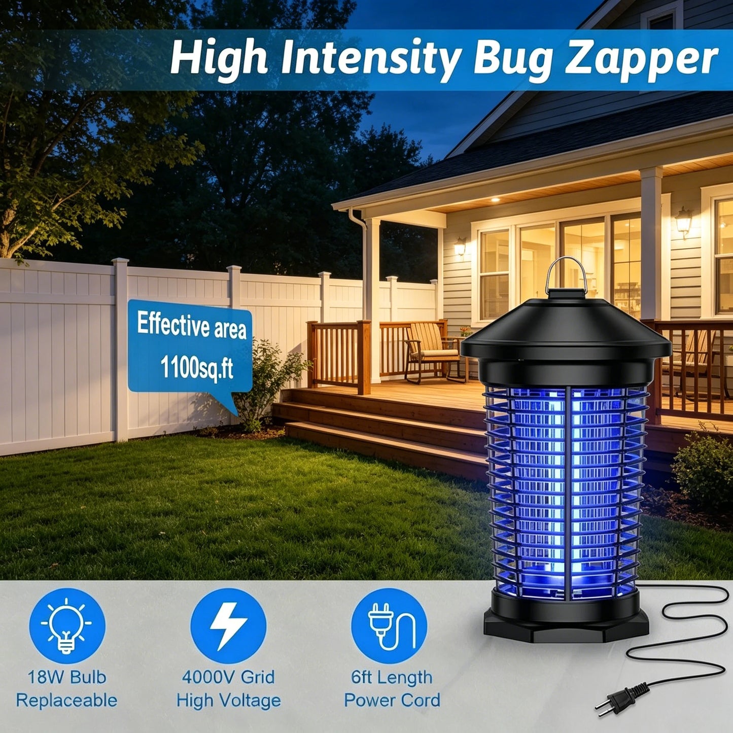 Lámpara Antimosquitos Electrónica para Interiores y Exteriores de 4000V, Trampa para Moscas Impermeable, Eliminador de Insectos