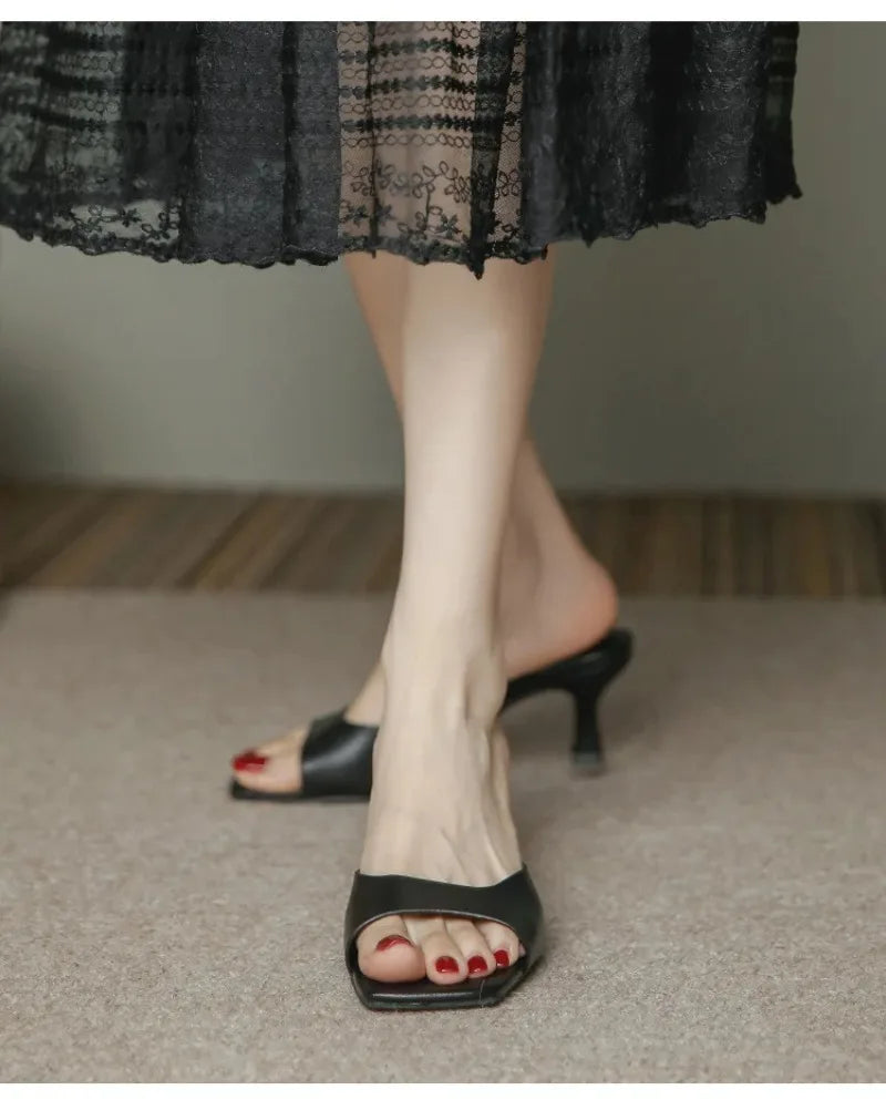 Pantuflas de Tacón Alto para Mujer, Pantuflas de Cuero Vacuno de Lujo, Pantuflas de Moda con Punta Cuadrada, Pantuflas de Tacón Alto con Punta Abierta para Verano