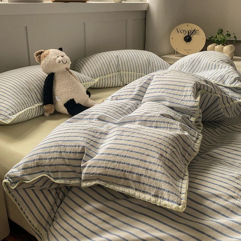 Juego de cama 100% de algodón a rayas, funda nórdica con funda de almohada, funda de edredón, tamaño King