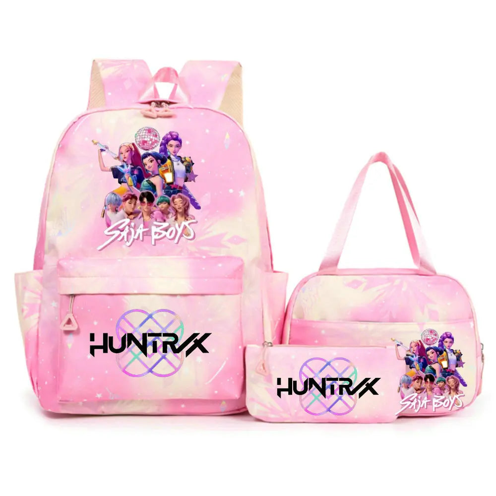 Conjunto de mochila con estampado de KPop Demon Hunters con bolsa para el almuerzo y estuche para lápices, mochila para exteriores de gran capacidad, ligera y transpirable