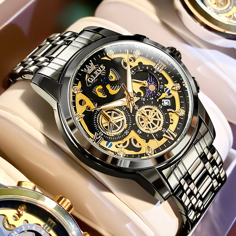 Relojes OLEVS para hombre, marca superior, reloj de cuarzo Original resistente al agua de lujo para hombre, estilo esqueleto dorado, 24 horas de día y noche, nuevo