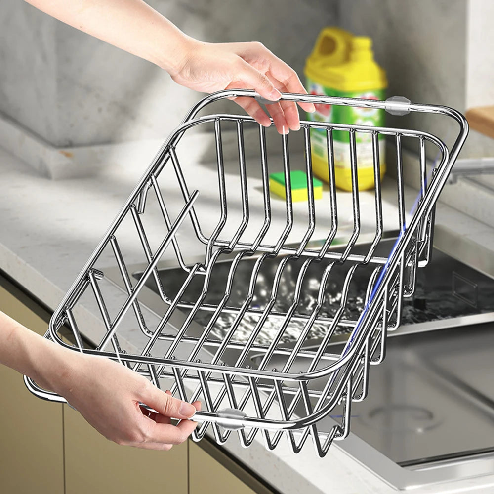 Rejilla de drenaje telescópica de acero inoxidable para fregadero, estante organizador antideslizante para secado de platos, cocina, baño, encimera, para uso doméstico