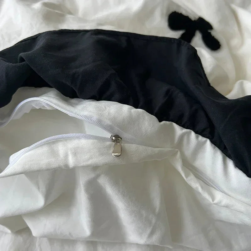 Juego de cama de algodón con lazo negro, funda nórdica suave y agradable para la piel estilo princesa para niña, sábana o funda de almohada para falda de cama
