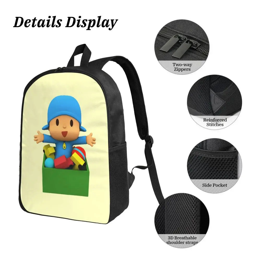 Mochila azul de dibujos animados de Pocoyo para niños, mochila escolar, bolsos de hombro para ordenador, bolsa de almuerzo aislada de 3 piezas, estuche para lápices