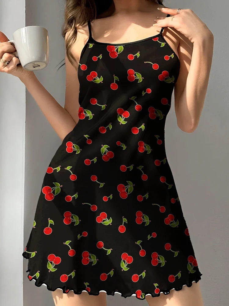 Camisón de satén para mujer, diseño de oso de peluche, mariposa, corazón y estampado floral, sexy, con volantes, para verano