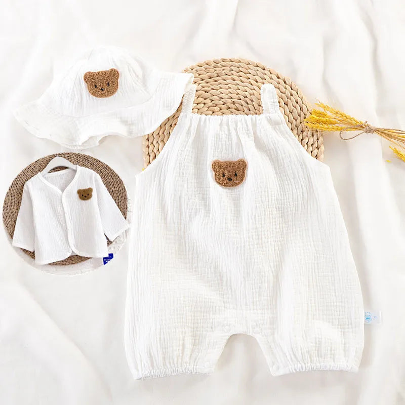 Mono de muselina para bebé, abrigo, sombrero, oso, conjunto de ropa de verano para bebé, abrigo para niño, pelele, traje blanco para niño pequeño, ropa infantil 0-3T, 3 uds.