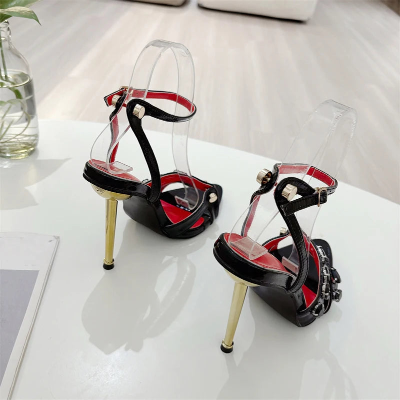 Liyke, moda de verano, sandalias de tacón alto Thih de Metal con remaches de gemas y banda estrecha para mujer, zapatos sexis de punta abierta y puntiaguda para vestido de fiesta, talla 41