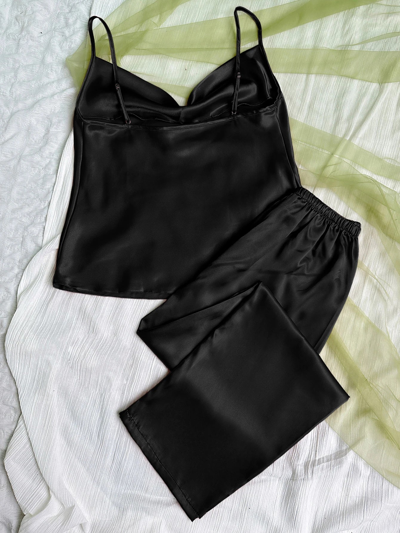 Conjunto de pijama de satén liso con cuello drapeado, Top camisola, pantalones con cintura elástica, ropa de dormir para mujer