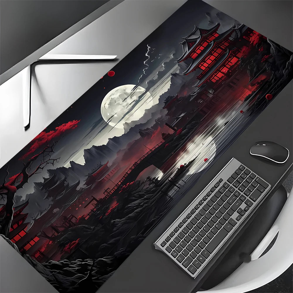 Alfombrilla de ratón grande con paisajes artísticos en rojo y negro, alfombrilla de escritorio duradera antideslizante, accesorios de oficina, alfombrilla para teclado y ratón, Tapis De Bureau