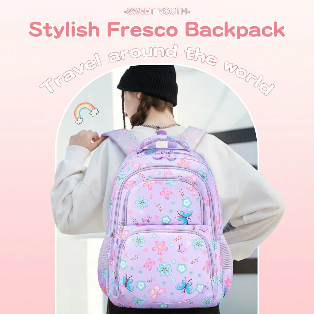 Juego de 3 Piezas de Mochila Escolar para Niños con Estampado de Mariposas y Flores, Resistente al Agua, Ligera, con Lonchera Aislada y Estuche para Lápices