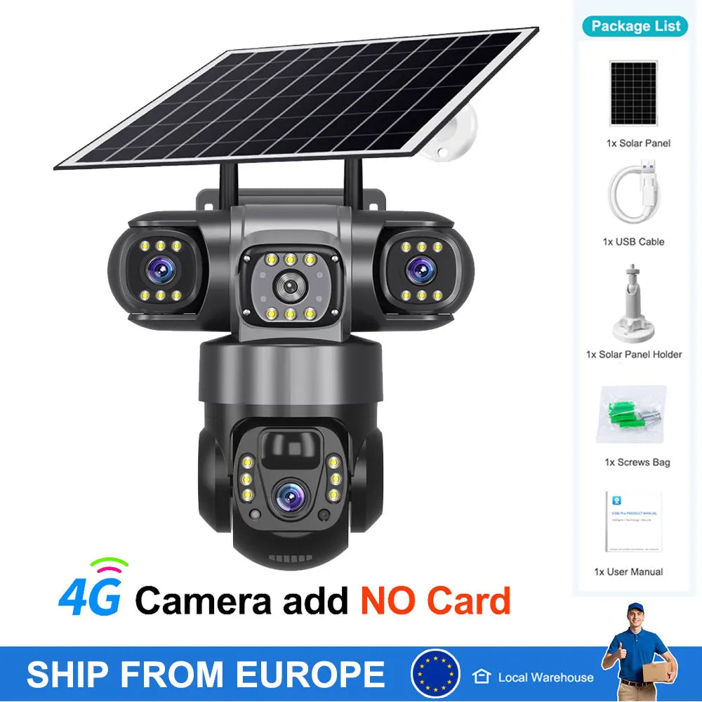 Cámara CCTV Solar con Tarjeta SIM 4G, 12MP, Seguridad Exterior, Monitor PTZ, Visión Nocturna, Cámara de Video y Batería Recargable