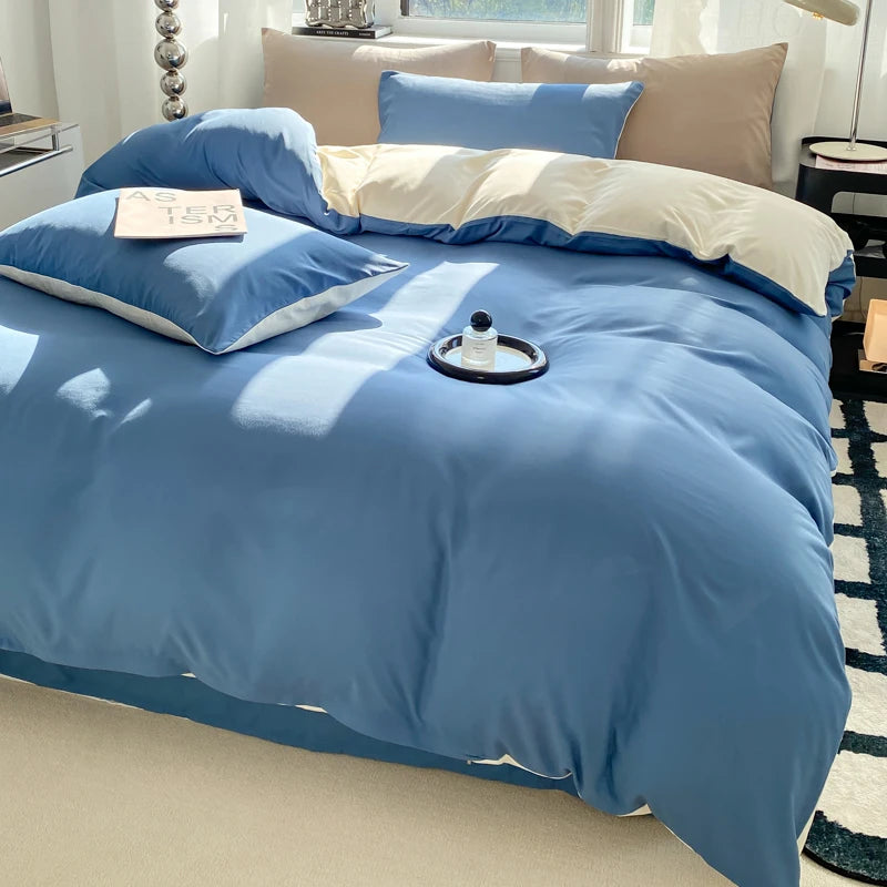 Juego de funda nórdica de Color sólido estilo Ins, ropa de cama de algodón lavada, funda de edredón, funda de almohada, juegos de cama suaves, fundas de edredón de 220x240