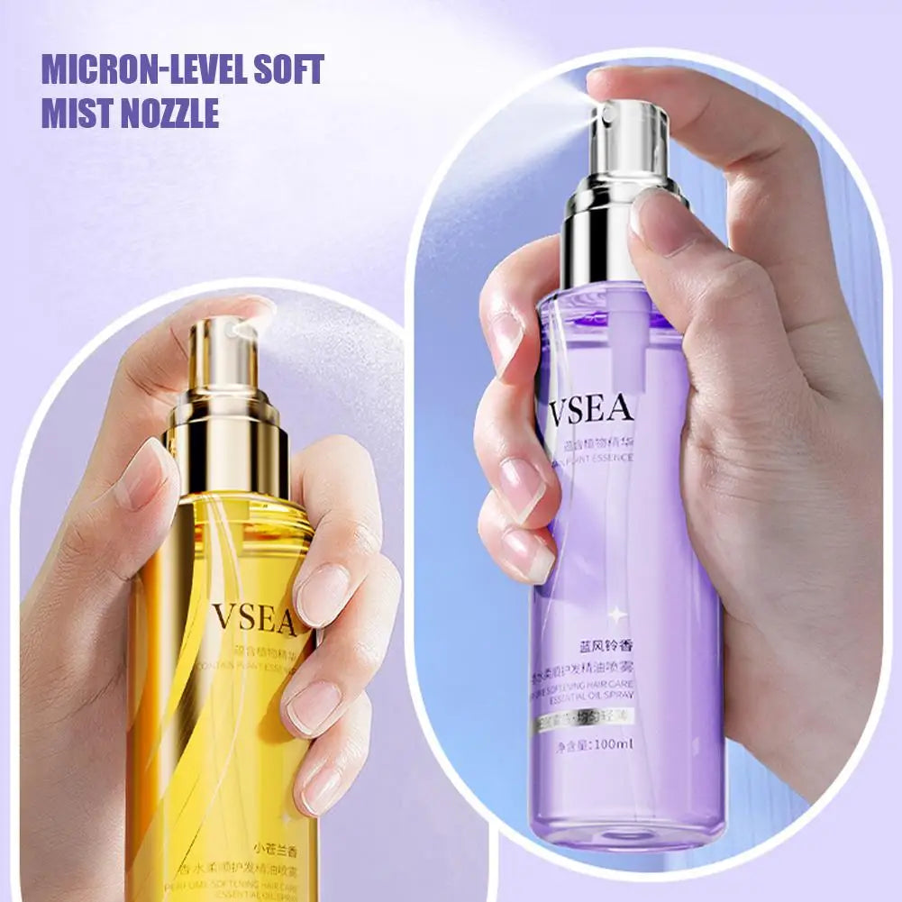 Spray de aceite esencial para el cuidado del cabello de 100 ml para mujeres, anti-frizz, control de encrespamiento, brillo, fragancia, acondicionador sin enjuague.