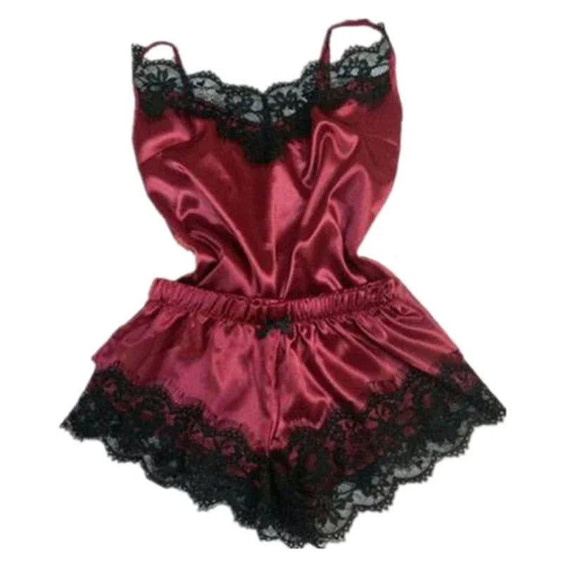 Conjunto de pijama de satén de encaje para mujer, ropa de dormir con cuello en V, lencería Sexy elástica, chaleco con tirantes, Top, pijama, pantalones cortos para dormir, conjunto de ropa de dormir