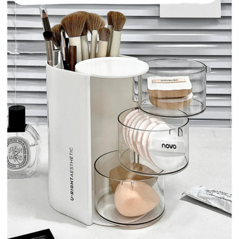 Caja de Almacenamiento de Accesorios para el Cabello de Varias Capas, Organizador de Joyas Transparente Giratorio, Estuche de Escritorio para Brochas de Maquillaje y Esponjas
