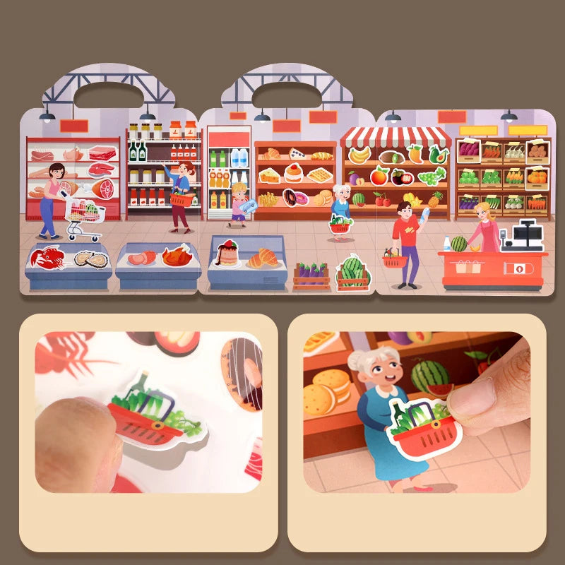 1 libro de pegatinas de gelatina, libro silencioso, diversión DIY para pegatinas de escena para niños, libro de pegatinas de rompecabezas de pasta repetidamente