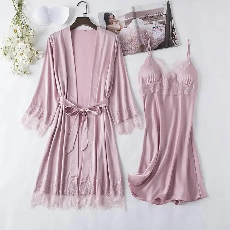 Conjunto de pijama de seda blanca para mujer, bata de boda de 5 piezas, camisón Sexy de encaje, ropa de dormir, Kimono, albornoz, lencería